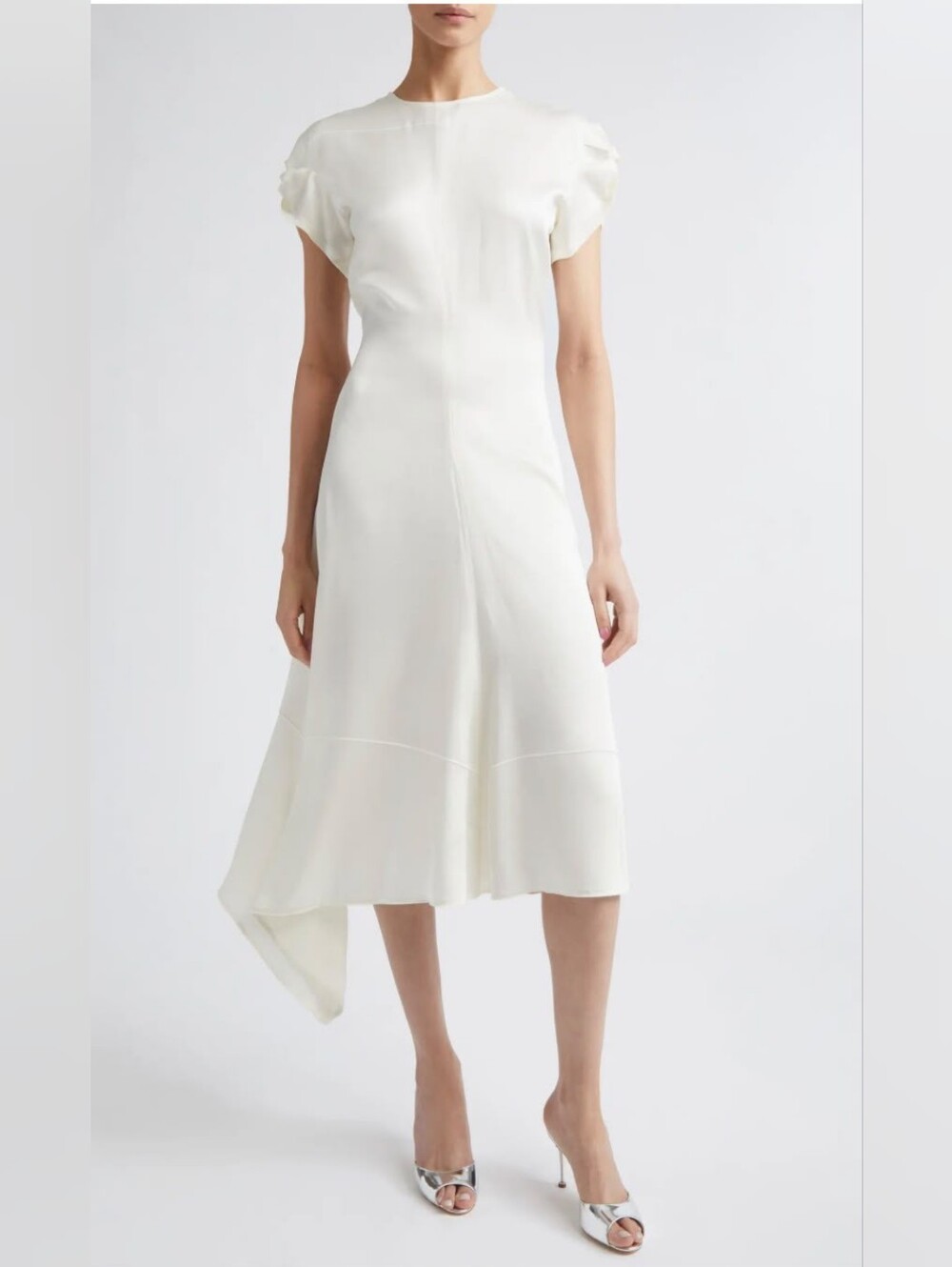 Victoria Beckham Twist Shoulder Asymmetric Satin Midi Dress
